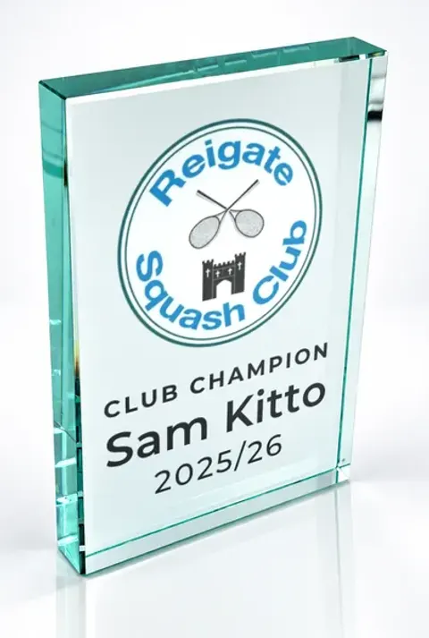 Large portrait glass award printed with a club crest and the wording Club Champion, Sam Kitto, 2025/26