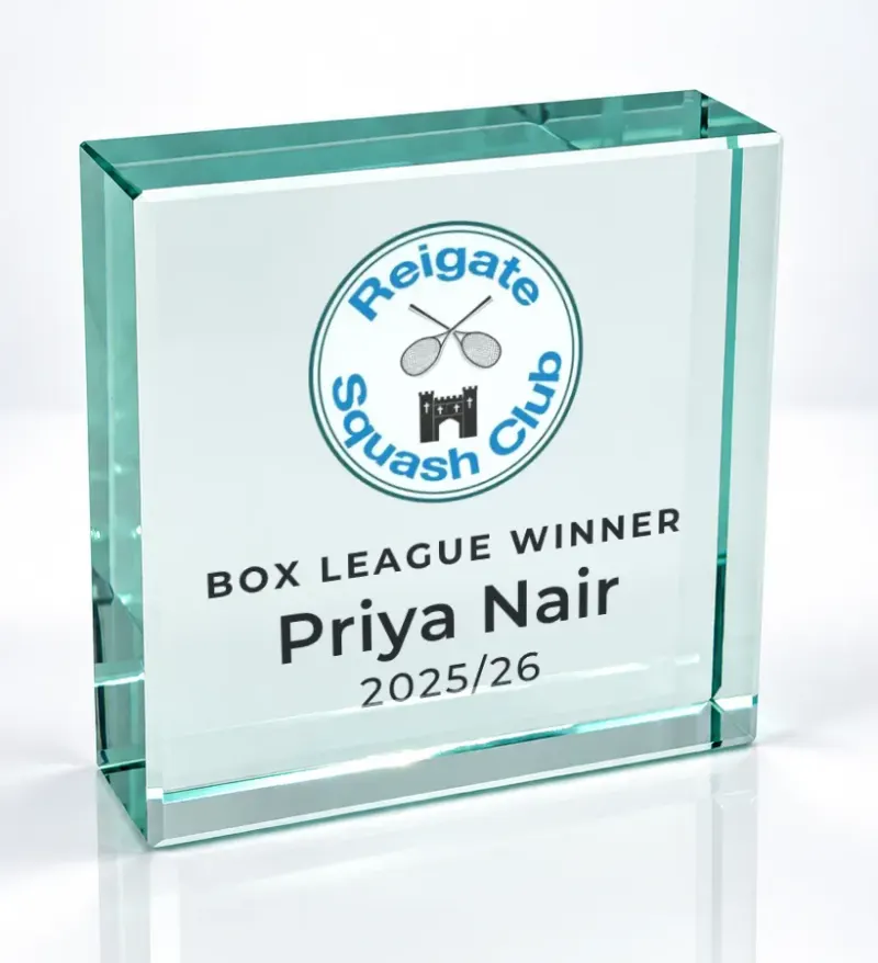 Small square glass award printed in full colour with a club crest and the wording Box League Winner