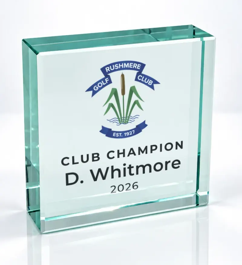 Small square glass award printed in full colour with a club crest and the wording Club Champion
