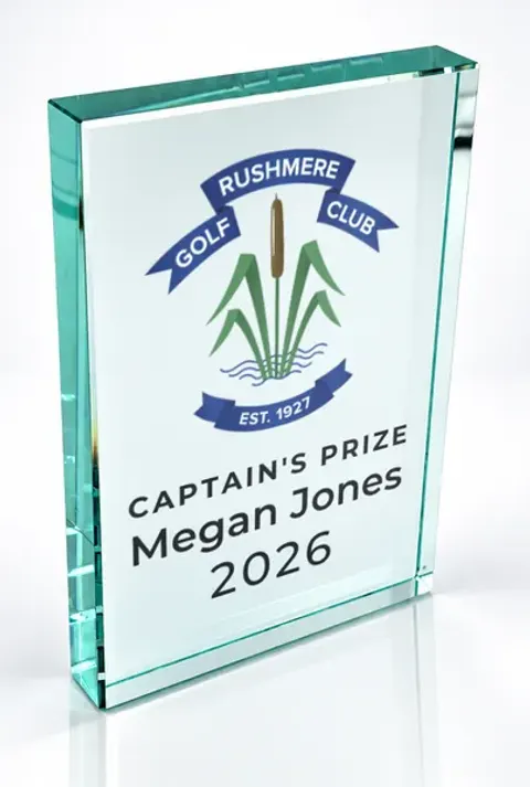 Large portrait glass award printed with a club crest and the wording Captain'S Prize, Megan Jones, 2026