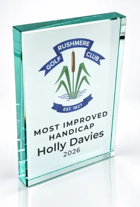 Large portrait glass award printed with a club crest and the wording Most Improved Handicap, Holly Davies, 2026
