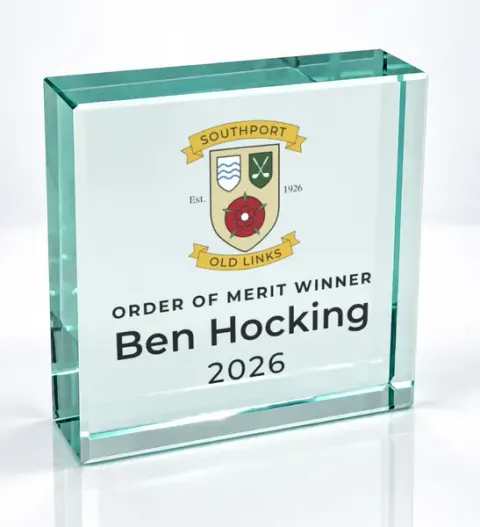 Small square glass award printed with a club crest and the wording Order Of Merit Winner, Ben Hocking, 2026
