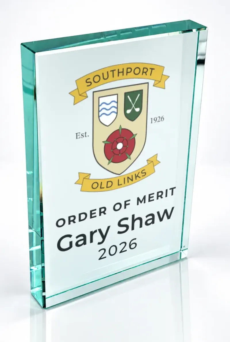 Large portrait glass award printed in full colour with a club crest and the wording Order of Merit