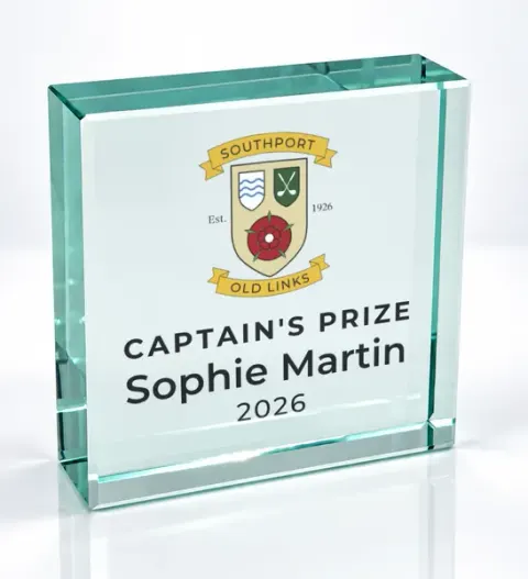 Small square glass award printed with a club crest and the wording Captain'S Prize, Sophie Martin, 2026