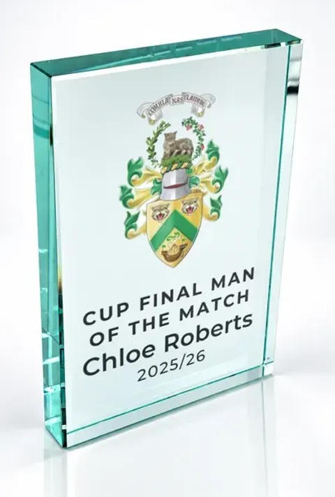 Large portrait glass award printed with a club crest and the wording Cup Final Man Of The Match, Chloe Roberts, 2025/26