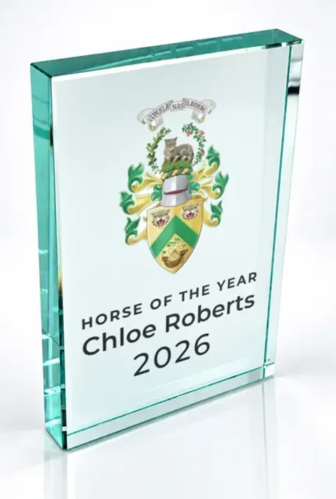 Large portrait glass award printed with a club crest and the wording Horse Of The Year, Chloe Roberts, 2026