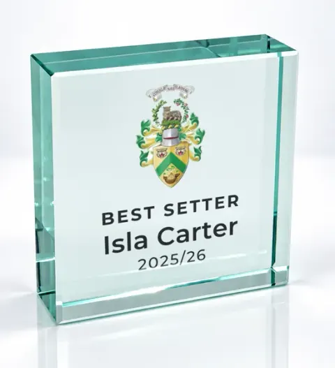 Small square glass award printed with a club crest and the wording Best Setter, Isla Carter, 2025/26