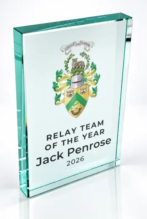 Large portrait glass award printed with a club crest and the wording Relay Team Of The Year, Jack Penrose, 2026