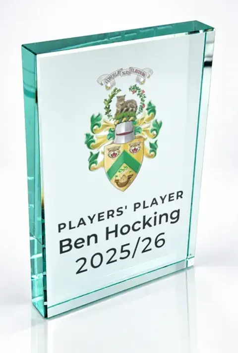 Large portrait glass award printed with a club crest and the wording Players' Player, Ben Hocking, 2025/26