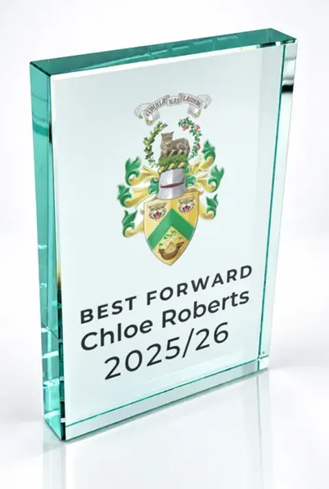 Large portrait glass award printed with a club crest and the wording Best Forward, Chloe Roberts, 2025/26