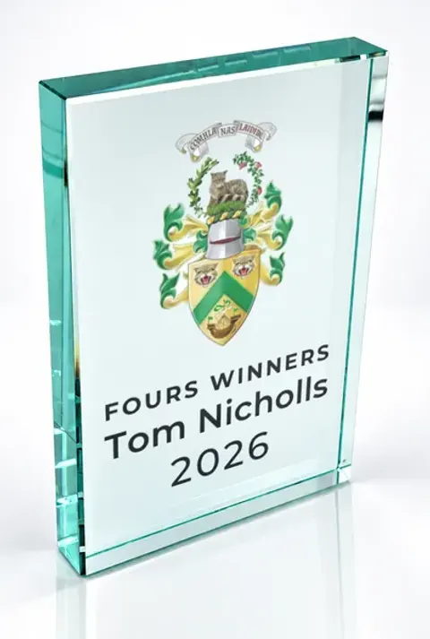 Large portrait glass award printed with a club crest and the wording Fours Winners, Tom Nicholls, 2026