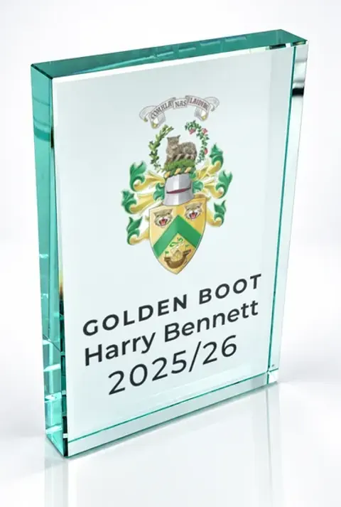 Large portrait glass award printed with a club crest and the wording Golden Boot, Harry Bennett, 2025/26