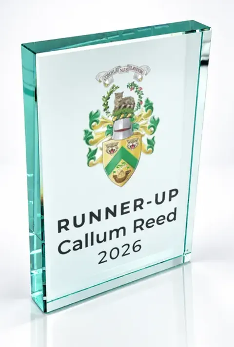 Large portrait glass award printed with a club crest and the wording Runner-Up, Callum Reed, 2026