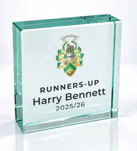 Small square glass award printed with a club crest and the wording Runners-Up, Harry Bennett, 2025/26