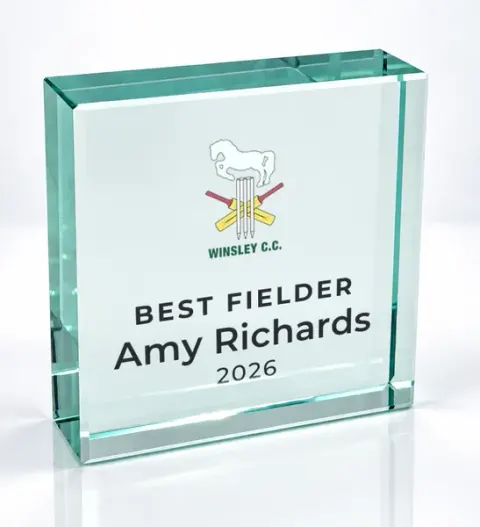 Small square glass award printed with a club crest and the wording Best Fielder, Amy Richards, 2026