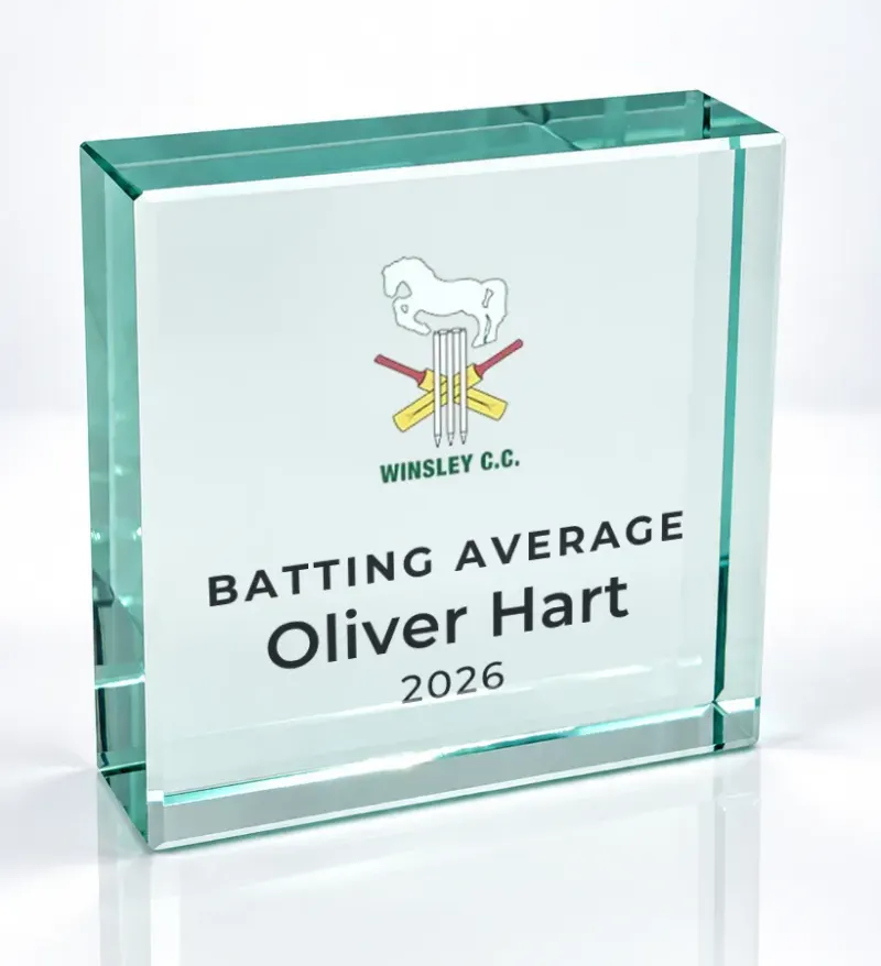 Small square glass award printed in full colour with a club crest and the wording Batting Average