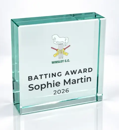 Small square glass award printed with a club crest and the wording Batting Award, Sophie Martin, 2026