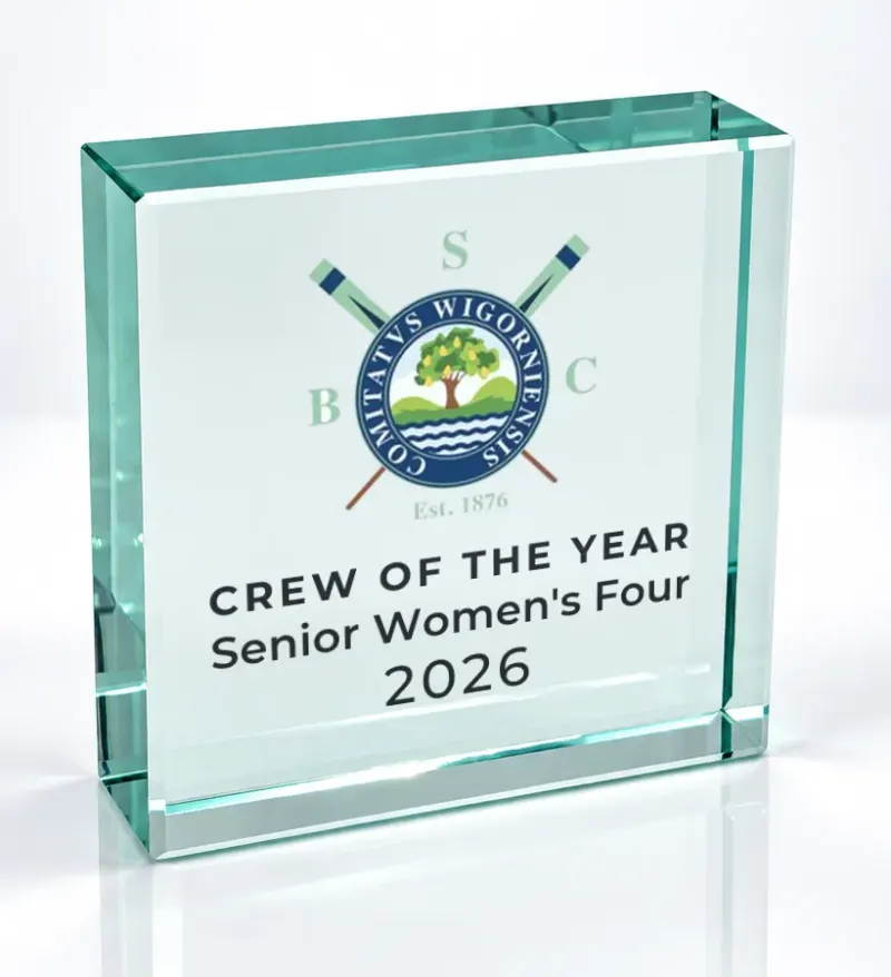 Small square glass award printed in full colour with a club crest and the wording Crew of the Year
